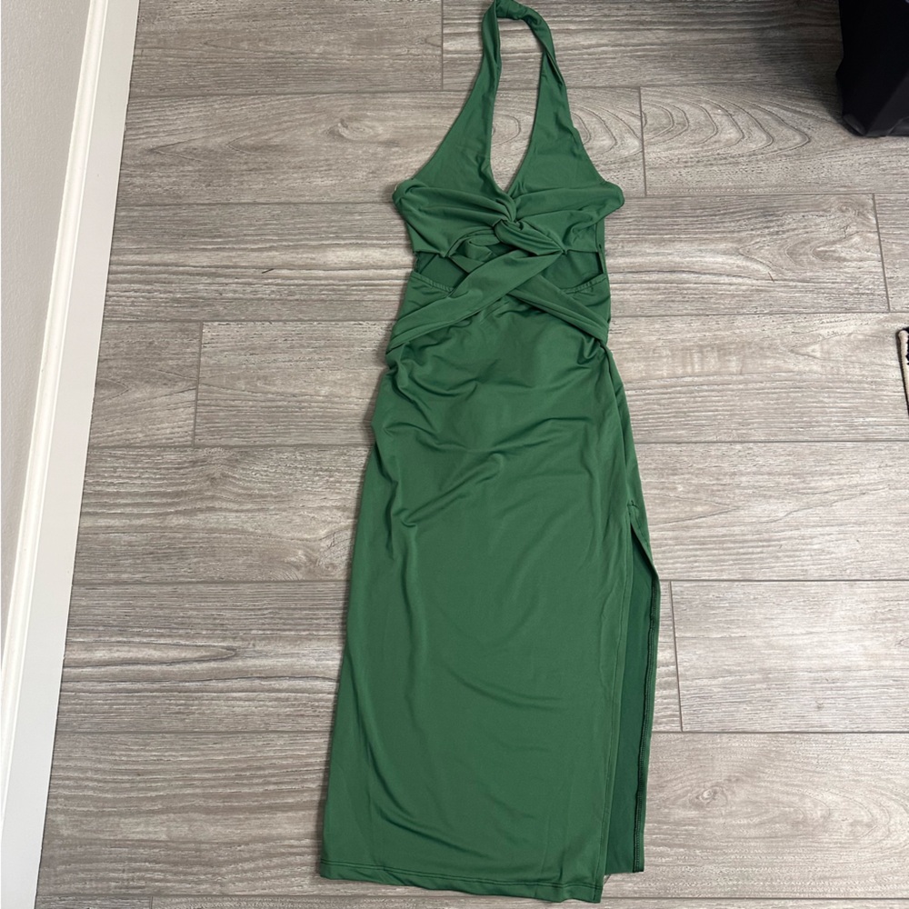 Elegant Green Halter Maxi Dress with front cut outs and wrap around tie